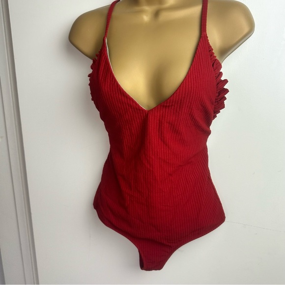 Made By Dawn Revolve Red Butterfly Root Ribbed Ruffle One Piece Swimsuit NWT S - Picture 6 of 16